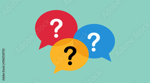 Three colorful speech bubbles with question marks representing inquiry, communication, and problem-solving on a light blue-green background.