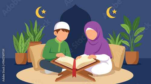 Two Muslim children, a boy and a girl, are peacefully sitting on a rug surrounded by plants, reading the Holy Quran from a wooden rehal under crescent moon decorations.