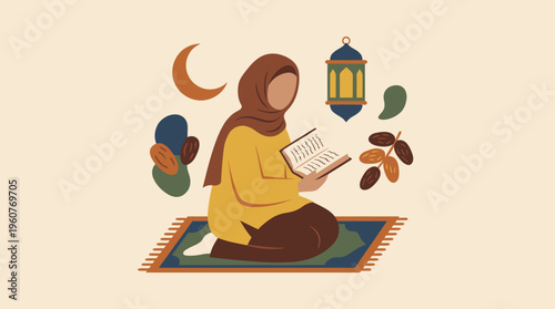 A Muslim woman in a hijab sitting on a prayer mat, reading the Quran, surrounded by Islamic cultural symbols like a crescent moon, lantern, and dates, in a flat illustration style.