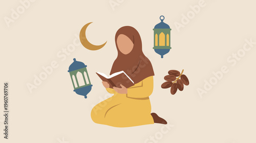 A Muslim woman in hijab reading a holy book, surrounded by Islamic symbols like a crescent moon, lanterns, and dates, in a flat illustration style.