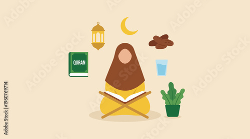 An illustration of a Muslim woman in a hijab reading the Quran, surrounded by Islamic and Ramadan symbols like a lantern, crescent moon, dates, and water.