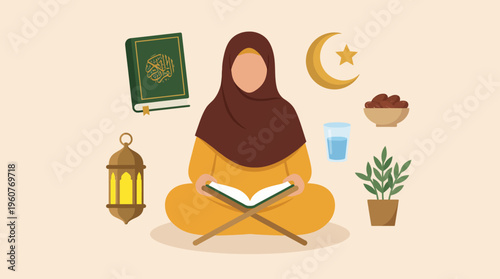 A Muslim woman in hijab reading the Quran, surrounded by Islamic symbols and Ramadan elements like a lantern, dates, and crescent moon.