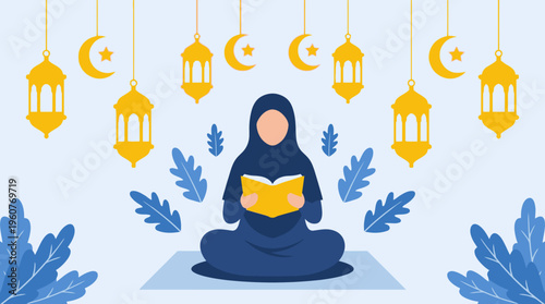 An illustration of a Muslim woman in hijab reading a holy book, surrounded by Islamic lanterns, crescent moons, and stars, symbolizing Ramadan or Eid.