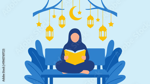 Flat illustration of a Muslim woman in hijab reading a book on a bench under a decorated tree branch with crescent moon, stars, and lanterns.