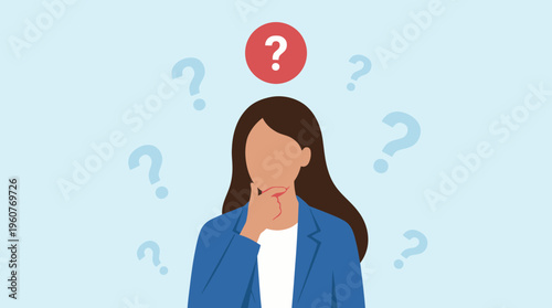 An illustration of a thoughtful woman with a hand on her chin, surrounded by question marks, symbolizing confusion, doubt, or problem-solving.
