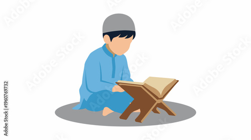A young Muslim boy in traditional attire sitting and reading a holy book on a rehal, depicting religious education and devotion.