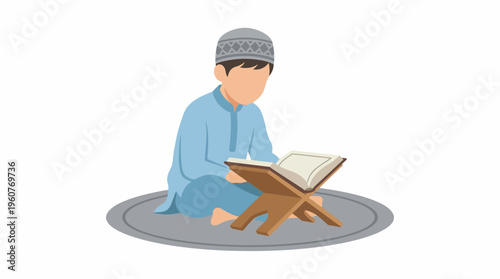 A young Muslim boy in traditional attire sitting on a prayer mat, reverently reading from a holy book placed on a wooden rehal.