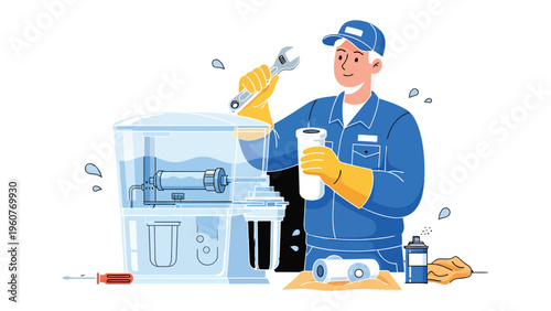 Water Purification: Skilled technician in work clothes expertly repairs a water purification system. The image shows the importance of water purification.