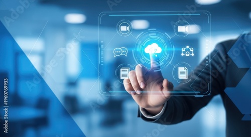 Hand selecting cloud file sharing on hologram panel, collaboration tool, blue corporate background, realistic style.