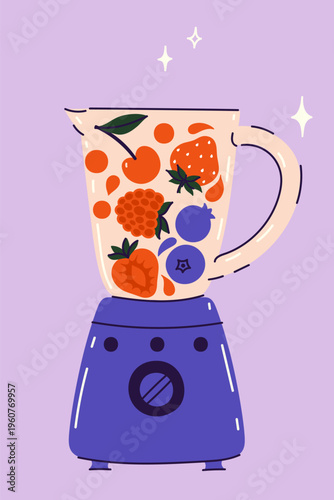Kitchen blender with strawberries, raspberries, blueberries, and cherries. Vector graphics