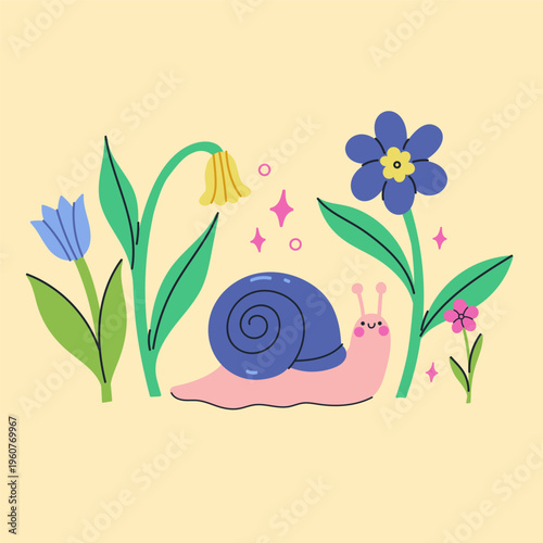 Simple illustration of a cute snail and flowers. Vector graphics.