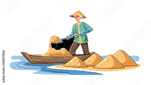 Digger in Boat: A hardworking individual, adorned in a conical hat, skillfully navigates a vessel as he shovels golden sand, meticulously forming perfect mounds near the tranquil water. 