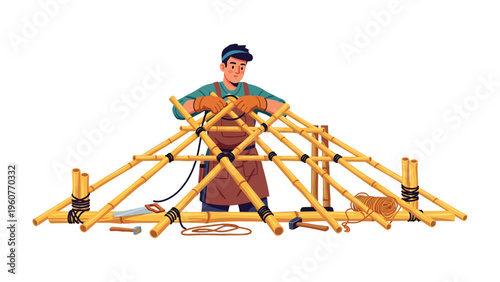 Crafting with Bamboo: A skilled artisan meticulously assembles a bamboo structure, showcasing expertise and the beauty of sustainable materials.
