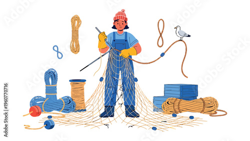 The Artisan of the Sea: A dedicated craftsperson, stands amidst the tools of trade and skillfully tends to a fishing net and fishing equipment. They are a true artisan of the sea.