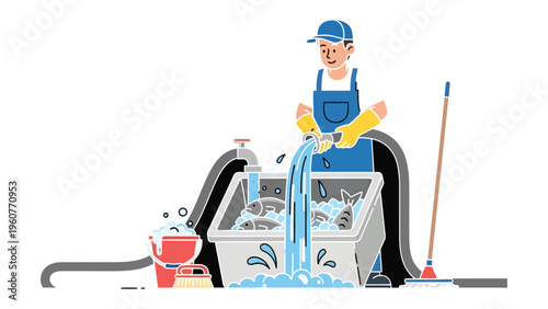 Fish Processing: A diligent worker expertly cleans a tub of fish, ensuring freshness and quality, surrounded by the tools of his trade.