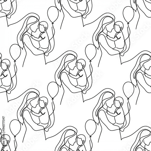 Continuous line drawing of a woman holding a child and balloons in a simplistic design