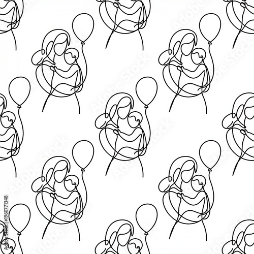 Abstract Continuous Line Drawing of Mothers Holding Balloons in a Repeated Pattern Design