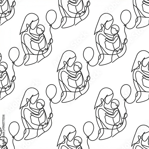 Continuous Line Drawing of Mother with Child Holding Balloons in Repeating Pattern Design