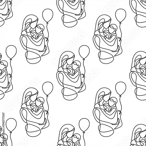 Creative Line Art Pattern of Mother and Child Holding Balloon in a Seamless Design