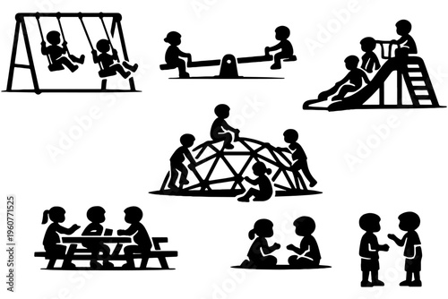Kids Playground Silhouette Set with Swing Slide and Seesaw