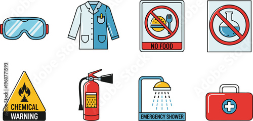 Laboratory Safety Icon Set with Chemical Warning Fire Extinguisher Emergency Shower Protective Goggles Lab Coat and Prohibition Signs for Science Lab Design