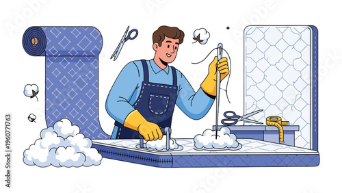 Crafting Comfort: A craftsman meticulously assembling a mattress using soft cotton and durable fabric, showcasing the artistry of bedding construction