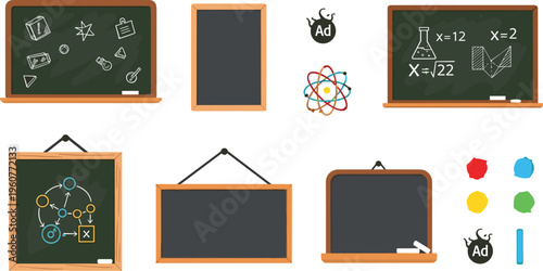 Chalkboard and Classroom Blackboard Icon Set with Math Formulas Science Diagrams Wooden Frames Blank Boards and Educational Teaching Elements Vector Design