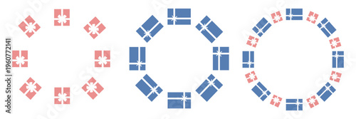 Set of three round holiday frames with beautiful red and blue gift box with white ribbon. Happy Birthday, Christmas, New Year. Flat vector design.