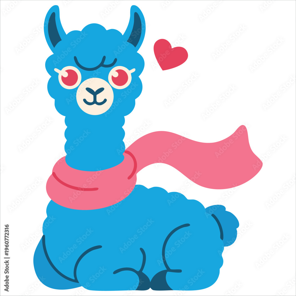 Fototapeta premium Adorable Blue Llama Character Wearing A Cozy Pink Scarf Vector Illustration Isolated Vector Illustration On White Background
