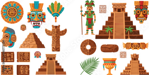Ancient Mayan and Aztec culture set with pyramids, tribal masks, warrior, symbols and artifacts colorful vector illustration collection