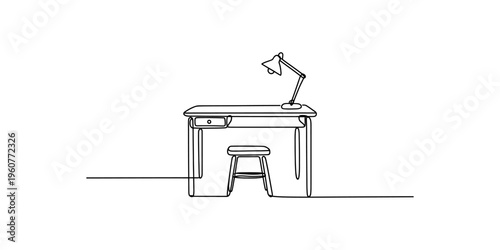 One line drawing of a minimalist desk with a lamp and a stool in a simple workspace