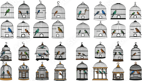 Bird cages collection with parrots and small birds vintage decorative cages vector illustration set