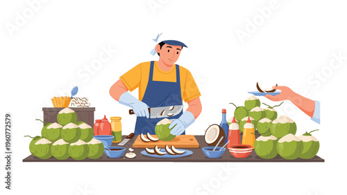 Coconut Vendor: A diligent vendor prepares fresh coconut, meticulously cutting it with precision. amidst an array of ripe coconuts and condiments. Capturing the essence of a tropical market.