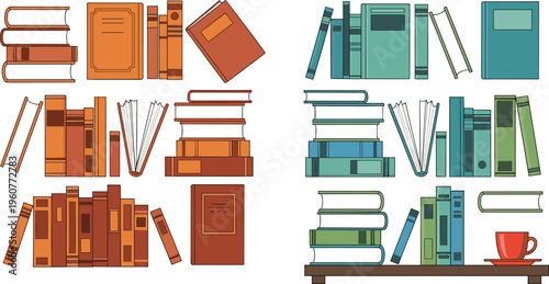 Book collection and stacked books set with colorful covers, shelves and reading elements flat vector illustration for education and library concepts