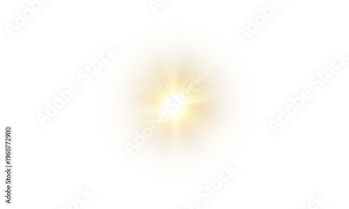 Yellow star flashed with sparkles sun isolated on white background. Soft glow without departing rays, sunlight with lens flare effect. PNG vector light effect.