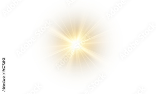 Yellow sunlight flashed with sparkles sun isolated on white background. Soft glow without departing rays, sunlight with lens flare effect. PNG vector light effect.