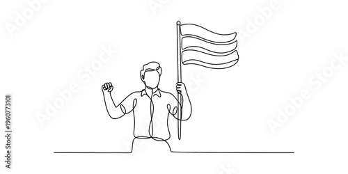 Single line drawing of a man holding a flag and raising his fist in a gesture of victory