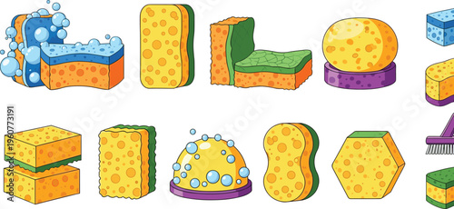 Colorful cleaning sponge set with foam bubbles, scrub textures and different shapes cartoon vector illustration collection for household cleaning concepts