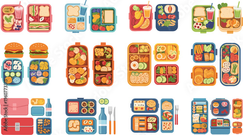 Colorful lunch box food set with sandwiches, fruits, vegetables, snacks and drinks isolated flat vector illustration collection for healthy meal concepts