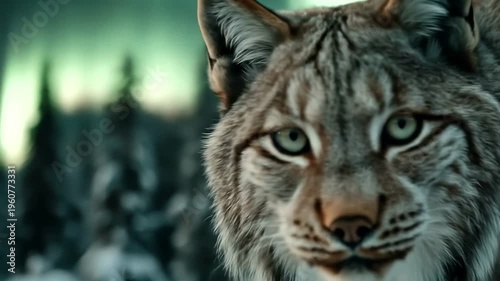 Majestic Lynx Gazes Intently in a Snowy Forest Under the Northern Lights.