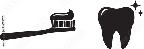 Toothbrush with toothpaste and a clean tooth silhouette vector illustration
