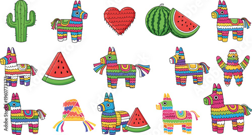 Colorful pinata collection with llama figures, cactus, watermelon and festive party decorations cartoon vector illustration set