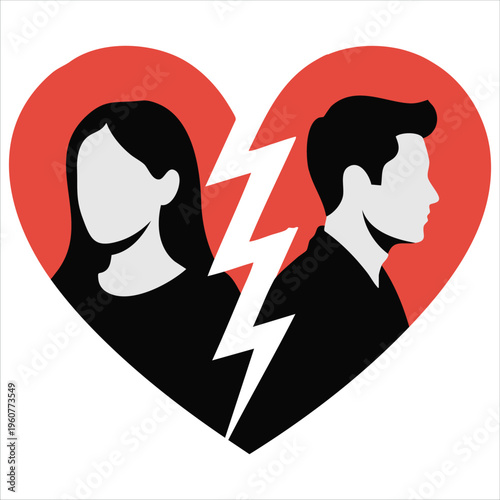 Heartbreak Concept With Two Silhouettes Inside A Cracked Heart Isolated Vector Illustration On White Background