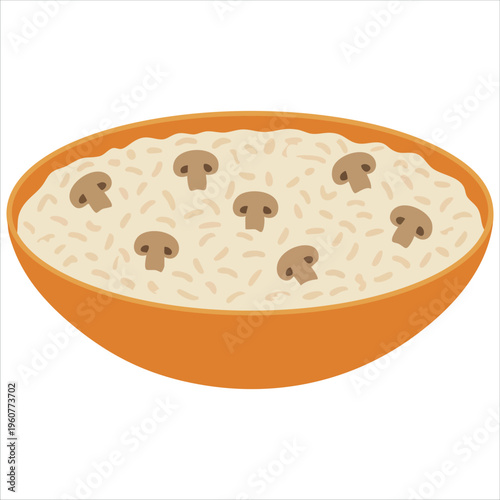 Bowl Of Creamy Mushroom Risotto For Italian Cuisine And Recipe Designs Isolated Vector Illustration On White Background