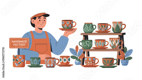 Artisan's Artistic Display: An artisan showcases handcrafted pottery, highlighting the beauty and uniqueness of each piece, capturing the essence of creativity and artisanal craftsmanship.