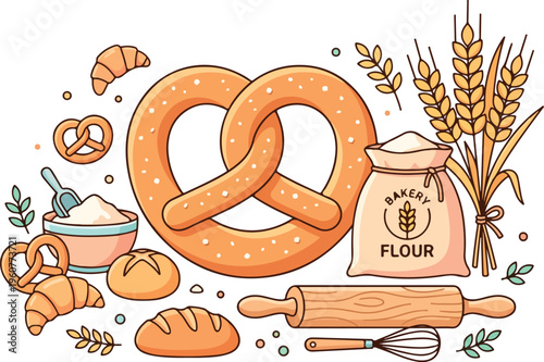 Baked goods and baking ingredients displayed.