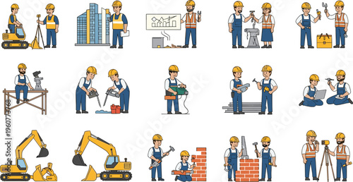 Construction workers and builders set with engineers, tools, machinery and building activities industrial flat vector illustration collection