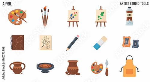 Artist studio painting tools and supplies.