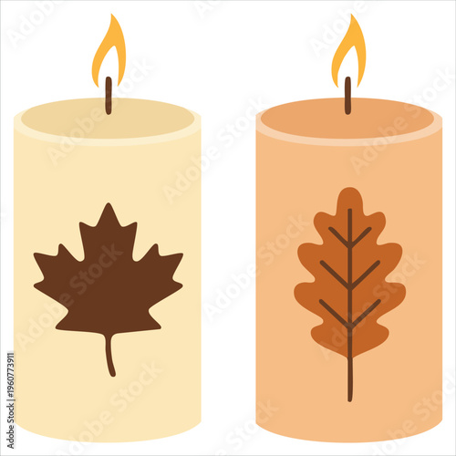 Stacked Round Beige Candles Decorated With Autumn Leaves Isolated Vector Illustration On White Background