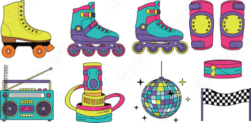 Retro roller skating and disco fitness equipment icon set